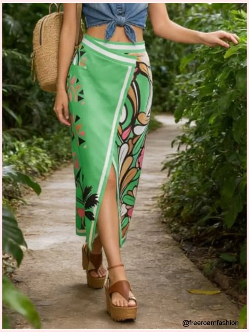 Floral Wrap Maxi Skirt Boho Elastic High Waisted Side Zipper A Line Midi